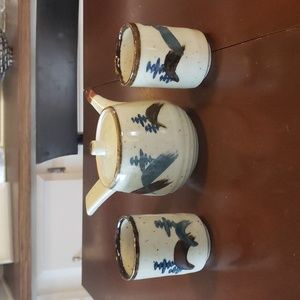 Vintage Asian Stoneware Teapot with two Cups